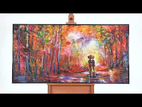 Aufgerollte Leinwand Acrylbild Regen Park handgemalt