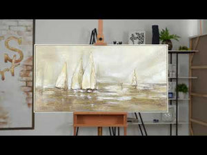 Acryl Kunstwerk Meer Segelboote Beige Gold Relief