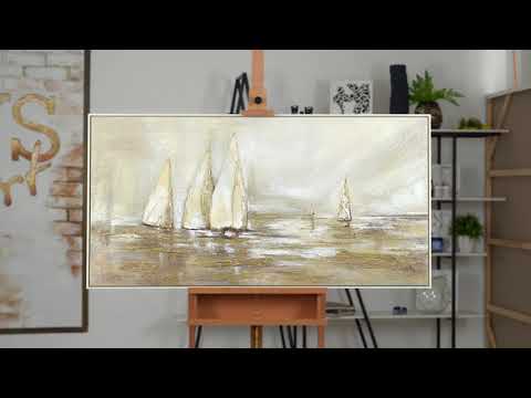 Acryl Kunstwerk Meer Segelboote Beige Gold Relief